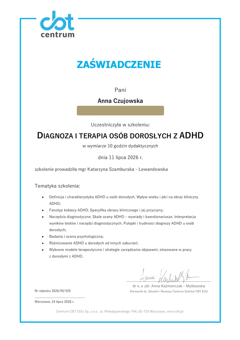 Diagnoza i terapia osób dorosłych z ADHD - Centrum CBT EDU, Warszawa