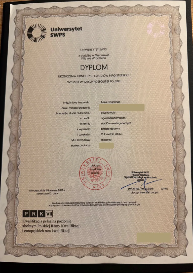 Dyplom magistra psychologii - Uniwersytet SWPS, Filia we Wrocławiu